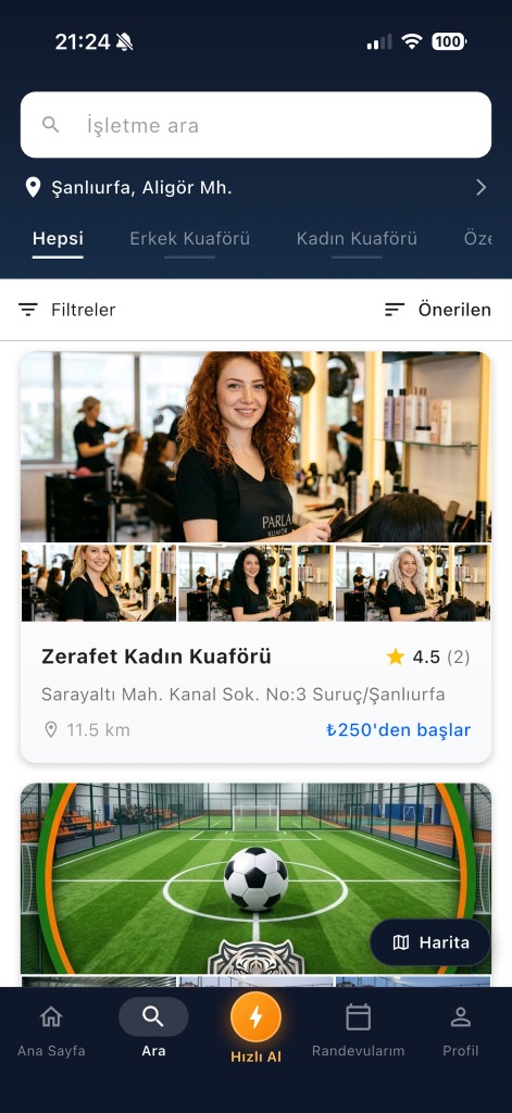 Uygun Zaman İşletme Arama ve Keşfet Ekranı